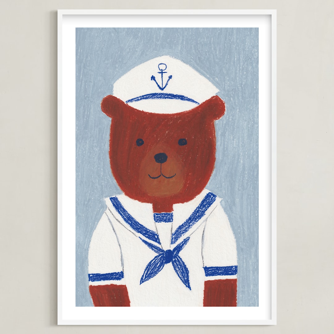 "Sailor Bear" - Art Print in Dusty Blue by Madhvi Samimi - Framed