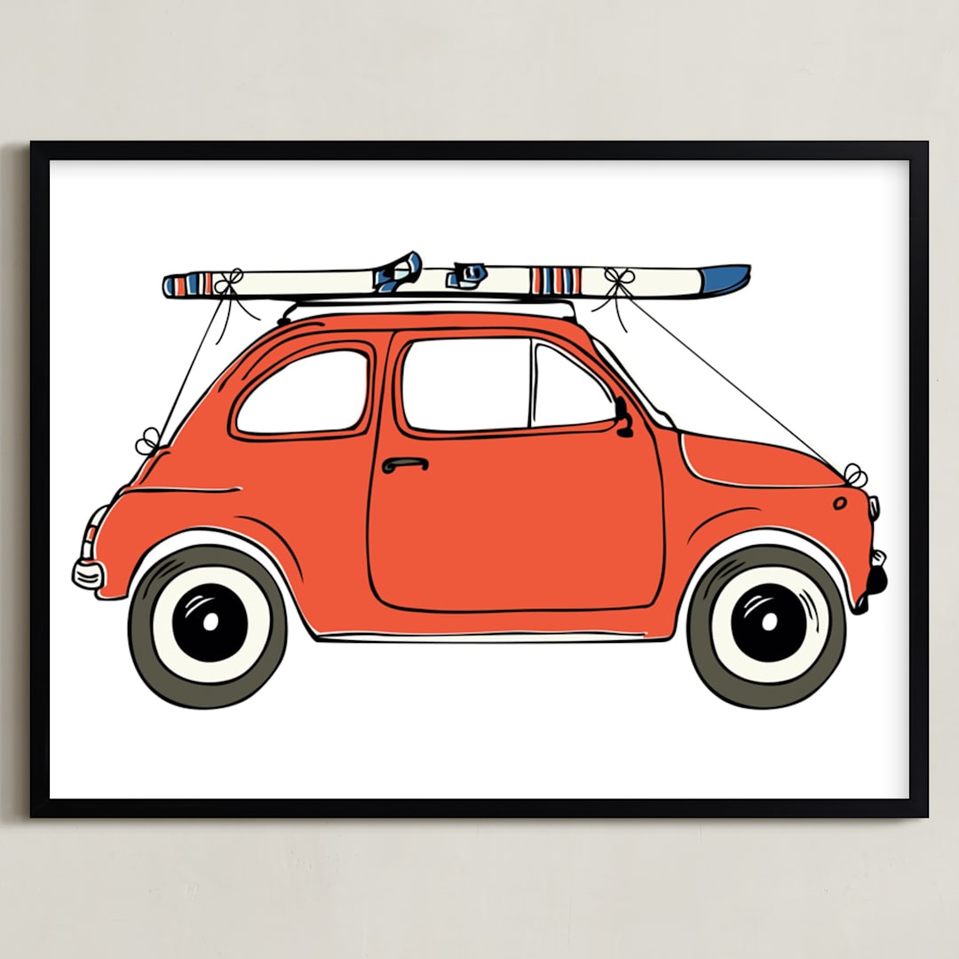 "To the Ski Slopes" - Art Print in Swiss Red by Alston Foster - Framed