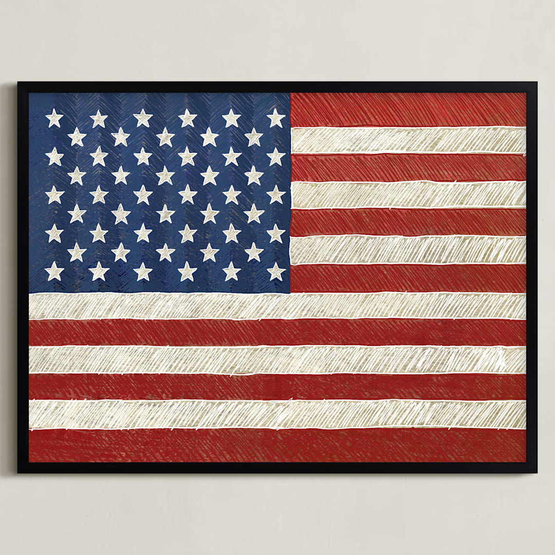 "Rustic American Flag" - Art Print in Navy Blue by Amy Marsh - Framed