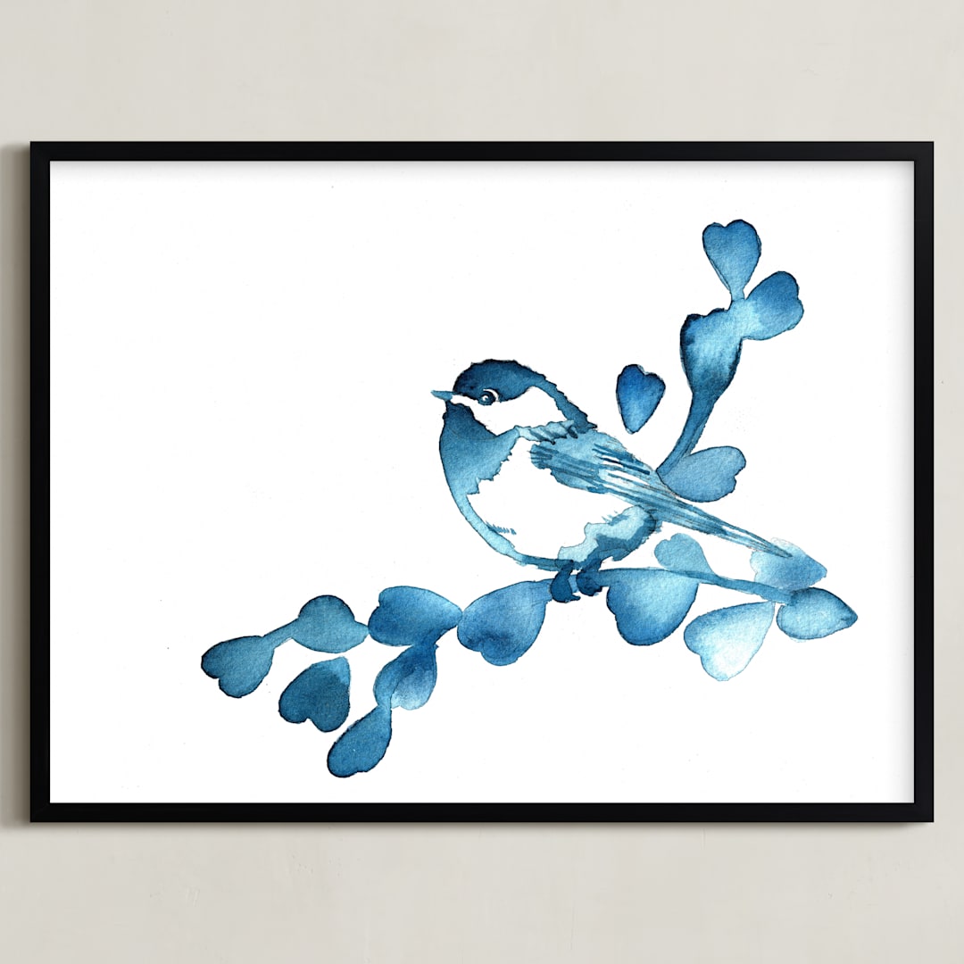 "Blue Chickadee II" - Art Print in Blue by Stephanie Toral - Framed