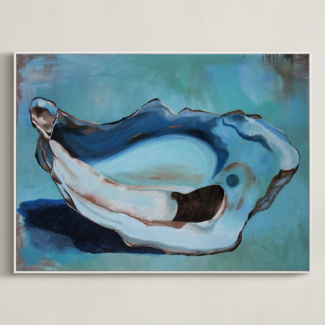 "Oyster Blues" - Art Print in Peacock Blue by Christa Wall - Framed Canvas