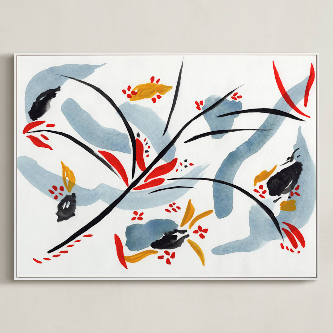"Bloom on rain" - Art Print in indigo blue by FERNANDA MARTINEZ - Framed Canvas