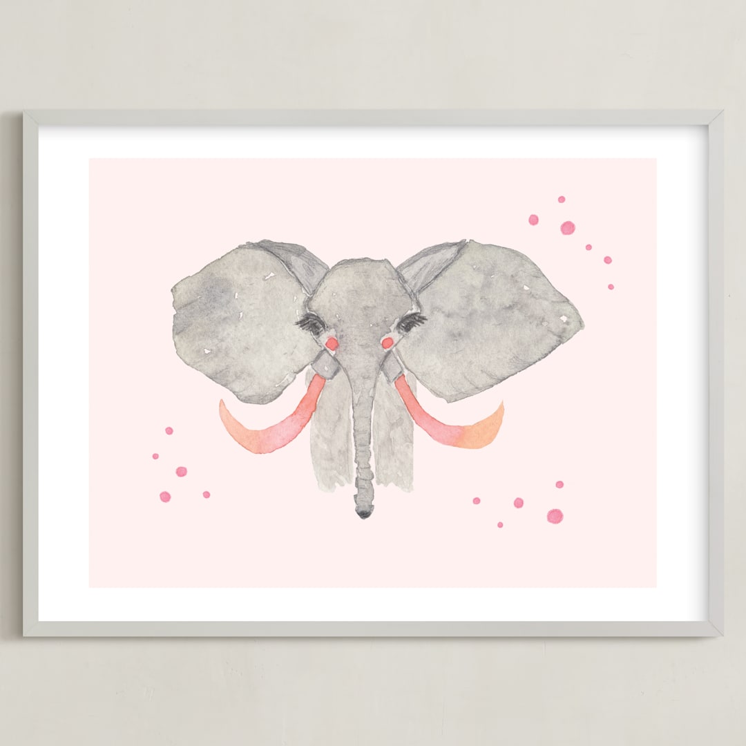 "Pink Tusk Elephant" - Art Print in Gray & Pink by Nikki Rene - Framed