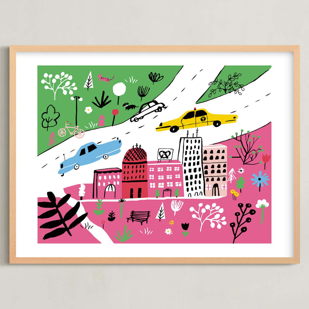 "City State of Mind" - Art Print in Flamingo Pink by Jordan Sondler - Framed
