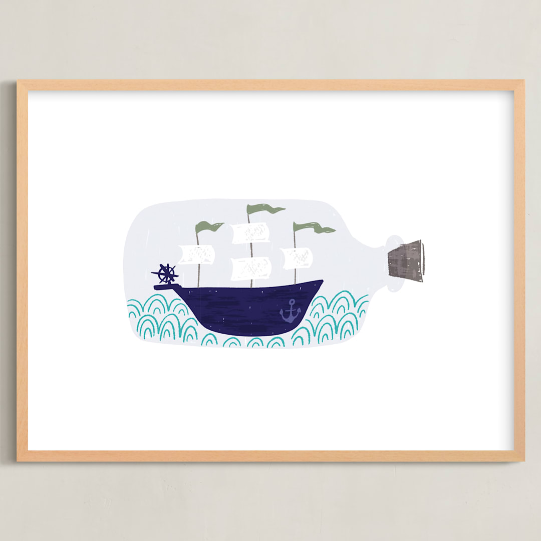 "Little Sail Boat Bottle" - Art Print in Oceanic by Jackie Crawford - Framed