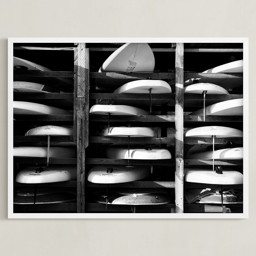 "Hood River Boards" - Art Print in Black & White by Shari Margolin - Framed