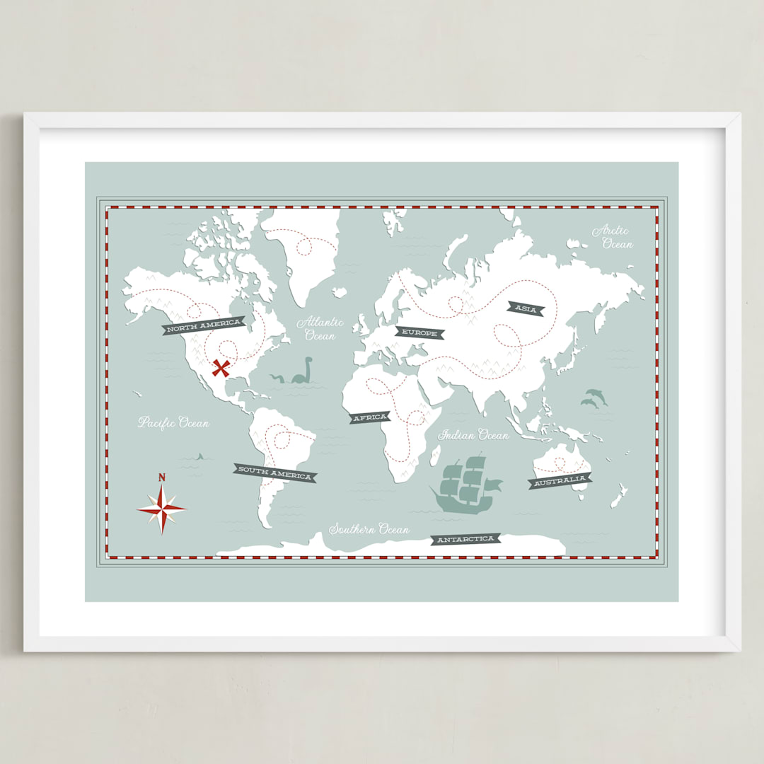 "Treasure Map" - Art Print in Powder Blue by Jessie Steury - Framed