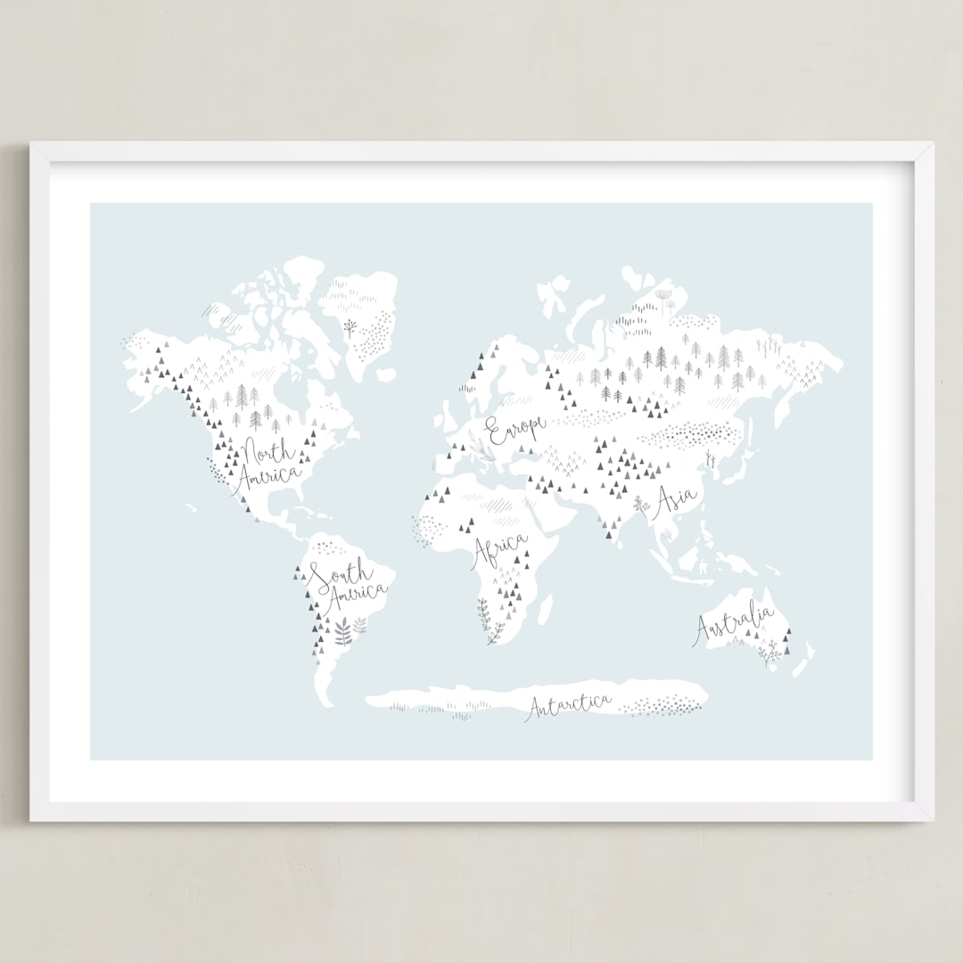 "Beautiful World Map" - Art Print in Soft Sky by Jessie Steury - Framed