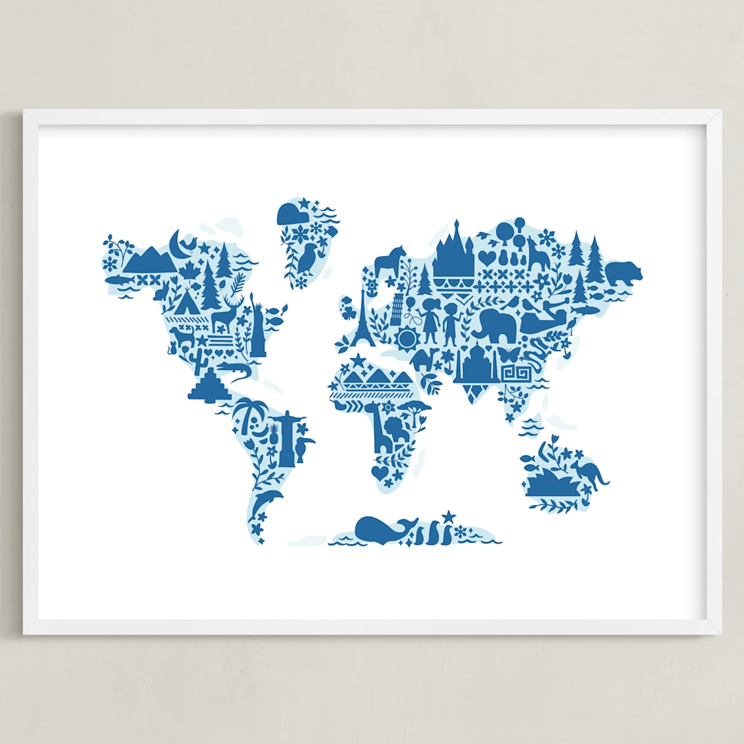 "Little Big World Map" - Art Print in Bluebell by Jessie Steury - Framed