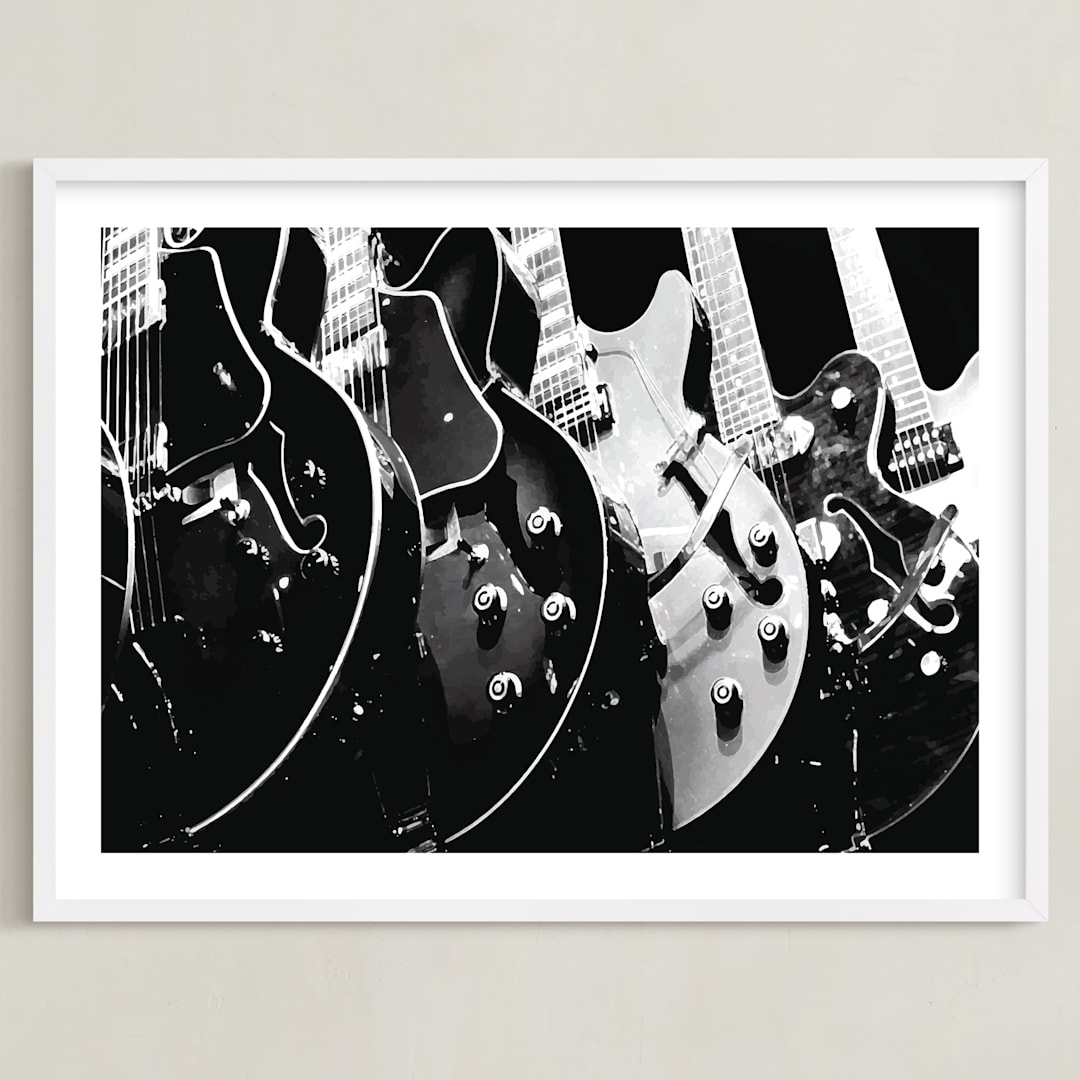 "Guitars, Monochrome" - Art Print in Black by Jason - Framed
