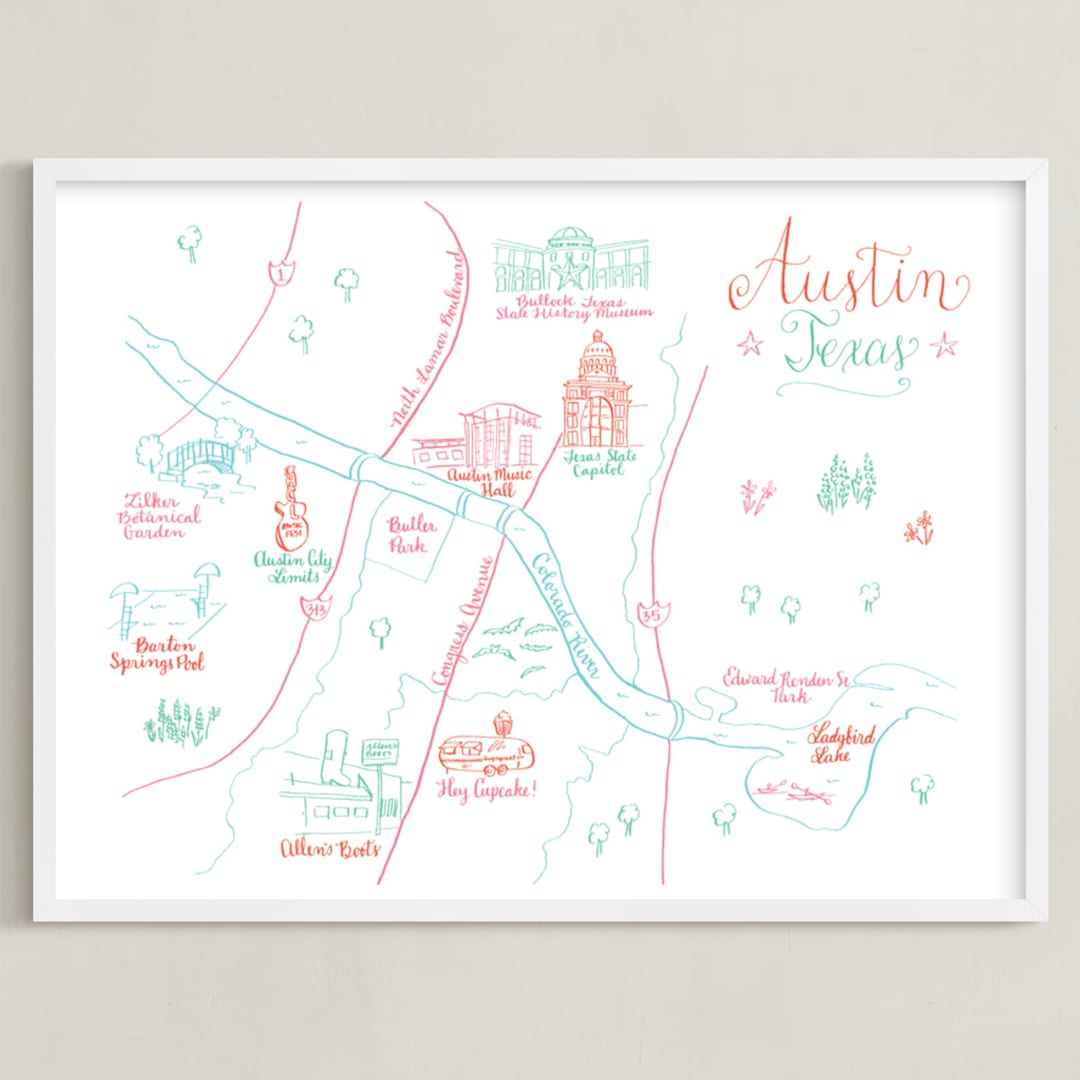 "Austin, Texas Calligraphy Map" - Art Print in Coral by Megan Kelso - Framed