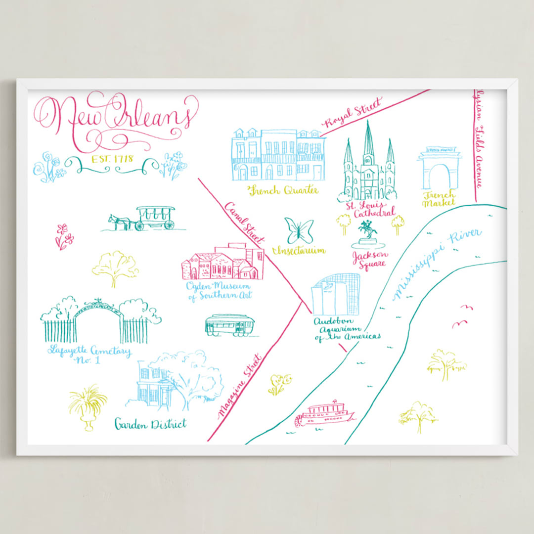 "New Orleans Calligraphy Map " - Art Print in Magenta by Megan Kelso - Framed