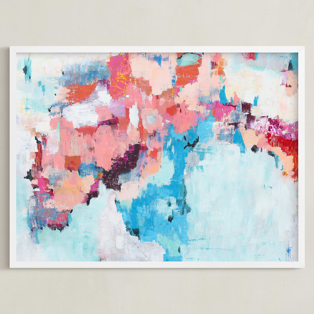 "Pink and Blue Abstract Painting" - Art Print in Bright Pink by Caryn Owen - Framed