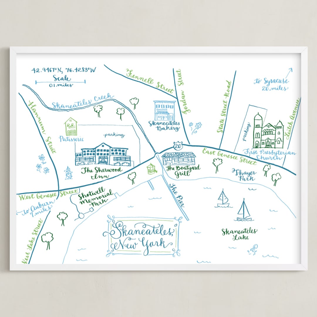 "Skaneateles, New York Map" - Art Print in Lake Blue by Megan Kelso - Framed
