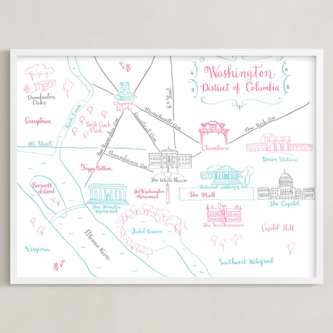 "Washington, DC Calligraphy Map" - Art Print in Bright Pink by Megan Kelso - Framed