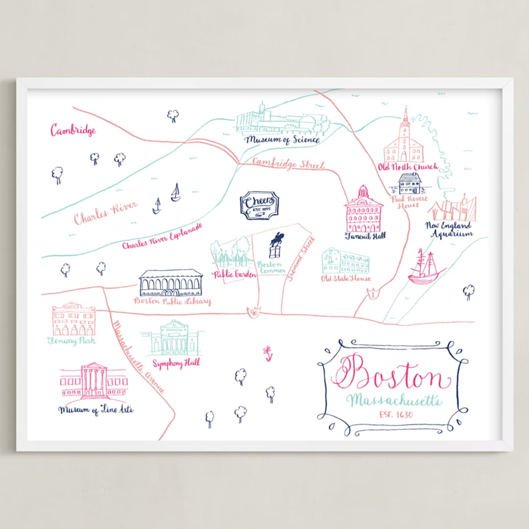 "Boston, Massachusetts Calligraphy Map" - Art Print in Navy by Megan Kelso - Framed