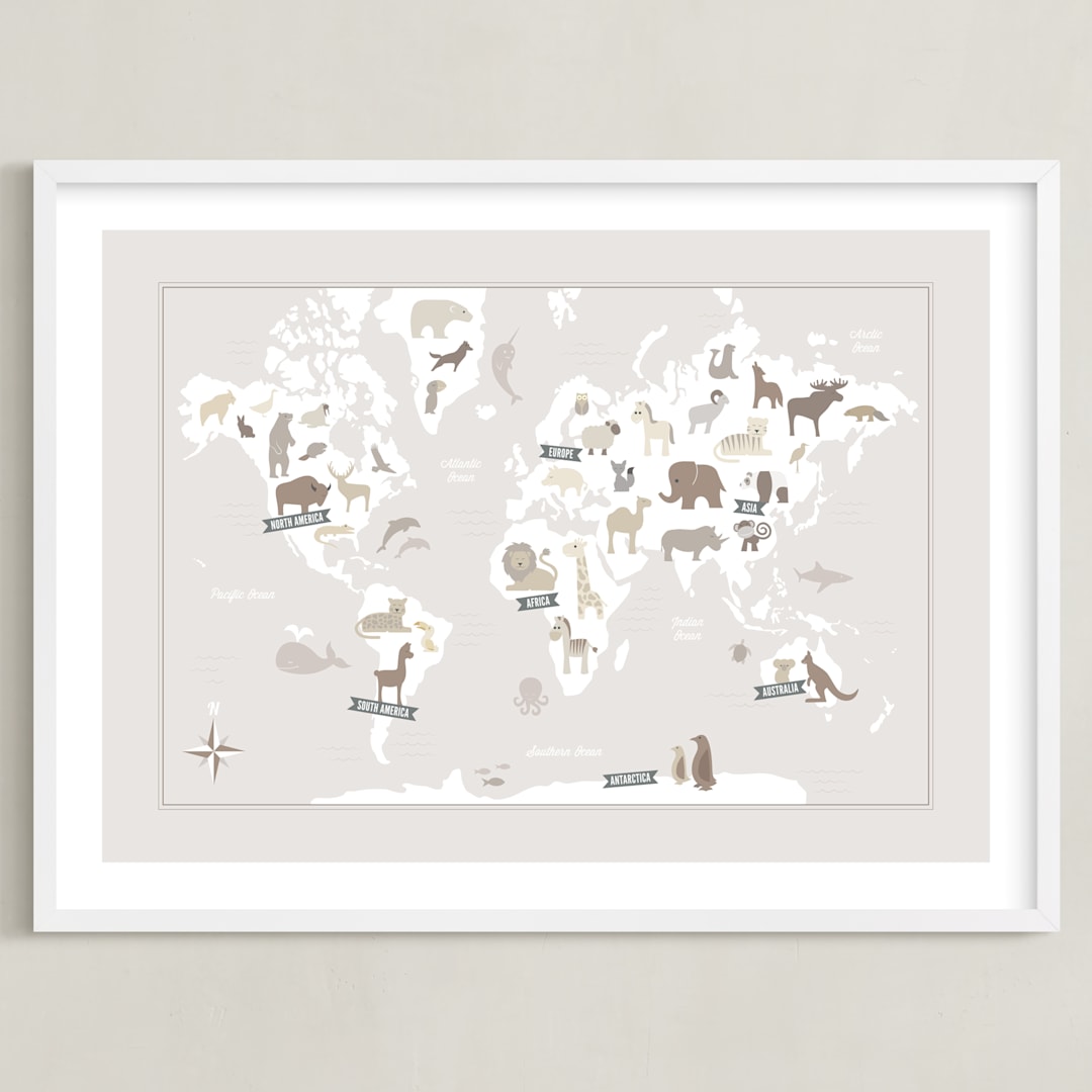 "Animal World Map" - Art Print in Beige by Jessie Steury - Framed