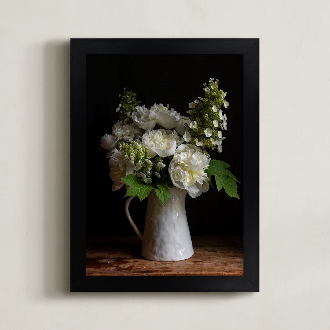 "Pitcher of Peonies" - Art Print in Green and White by Elizabeth Pyle - Framed