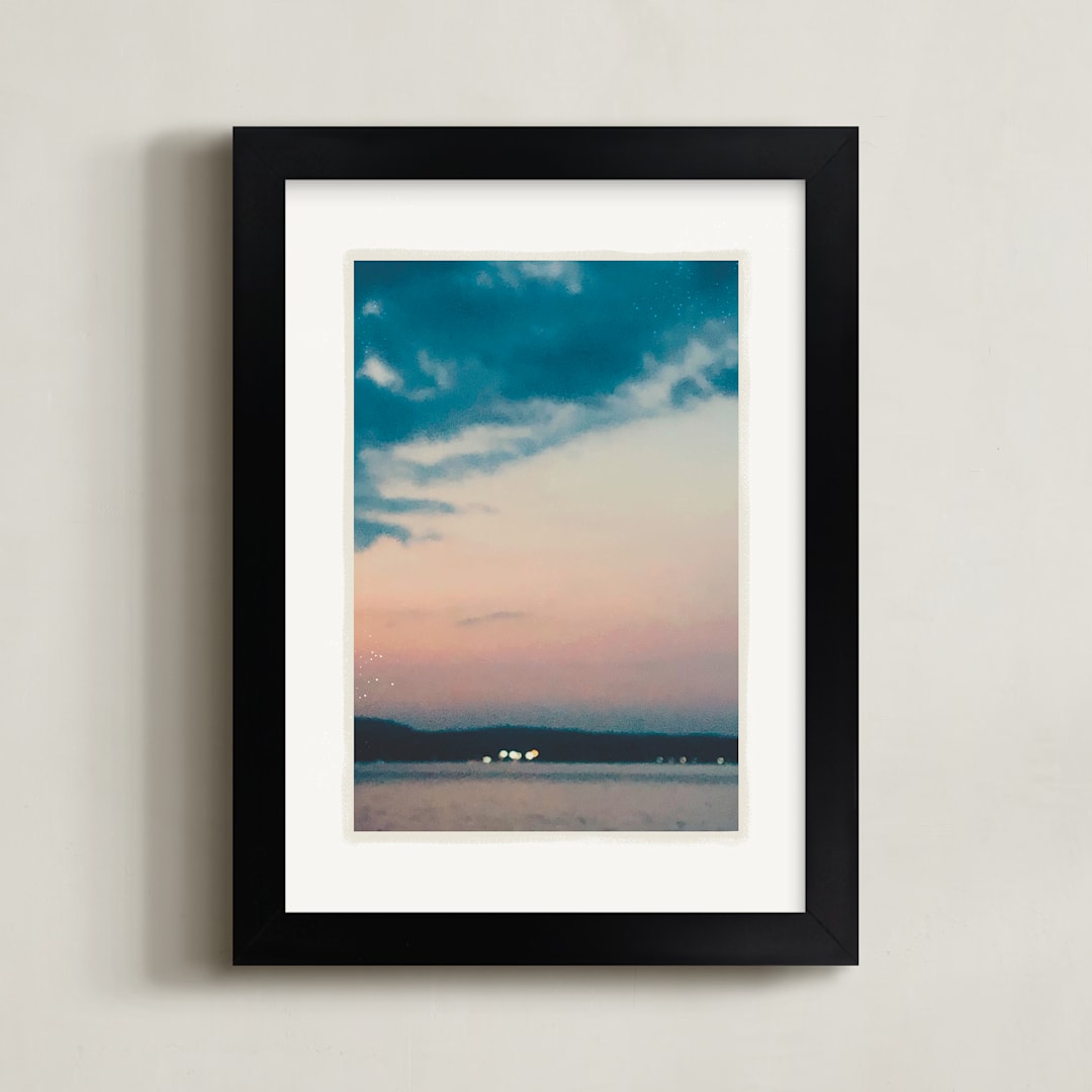 "Lake Lights" - Art Print in Lake Blue by Beth Scott Design - Framed
