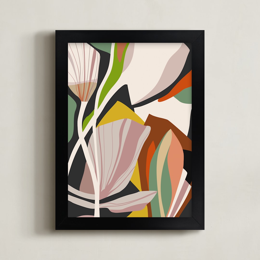"Leaves and Flowers" - Art Print in Beige by Angel Estevez - Framed