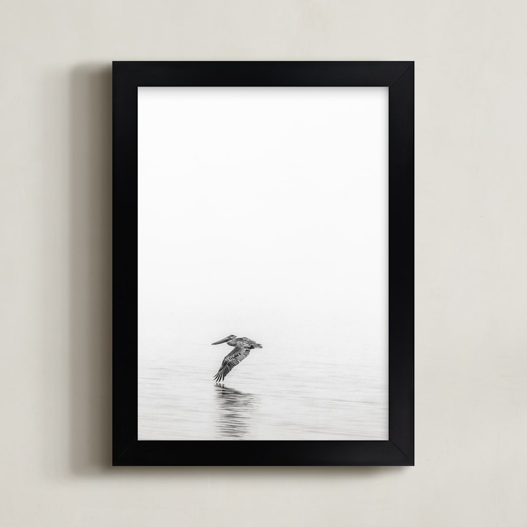 "Pelican on Lake" - Art Print in Medium Grey by Mary Ann Glynn-Tusa - Framed