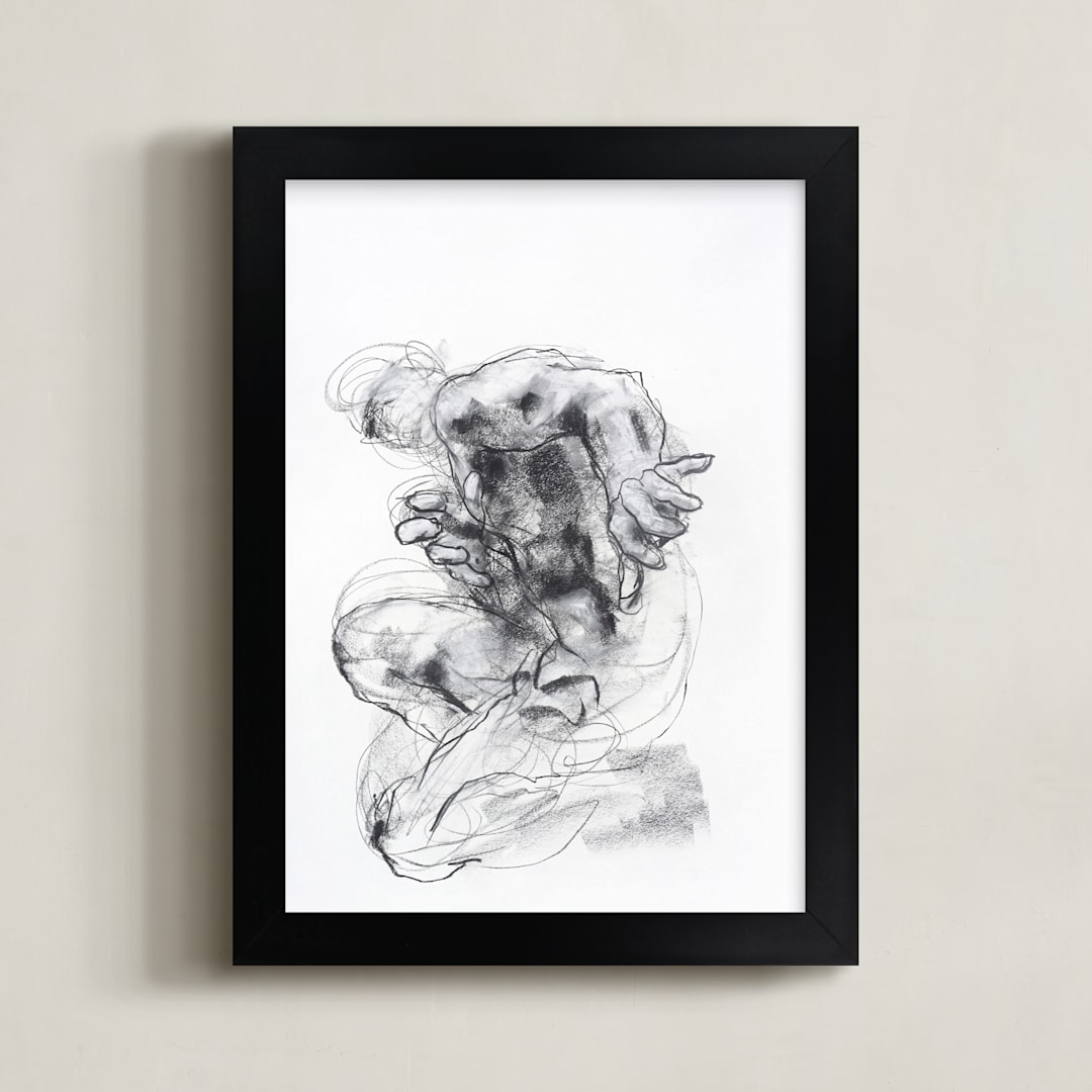 "Drawing 538 - Crouching Figure" - Art Print in Slate Black by Derek overfield - Framed