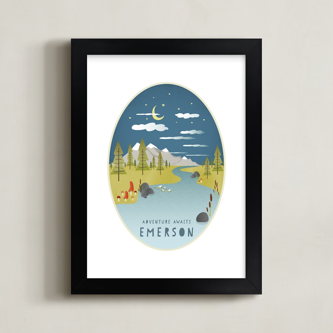 "Adventure Awaits" - Personalized Art Print in Denim by Grace Kreinbrink - Framed