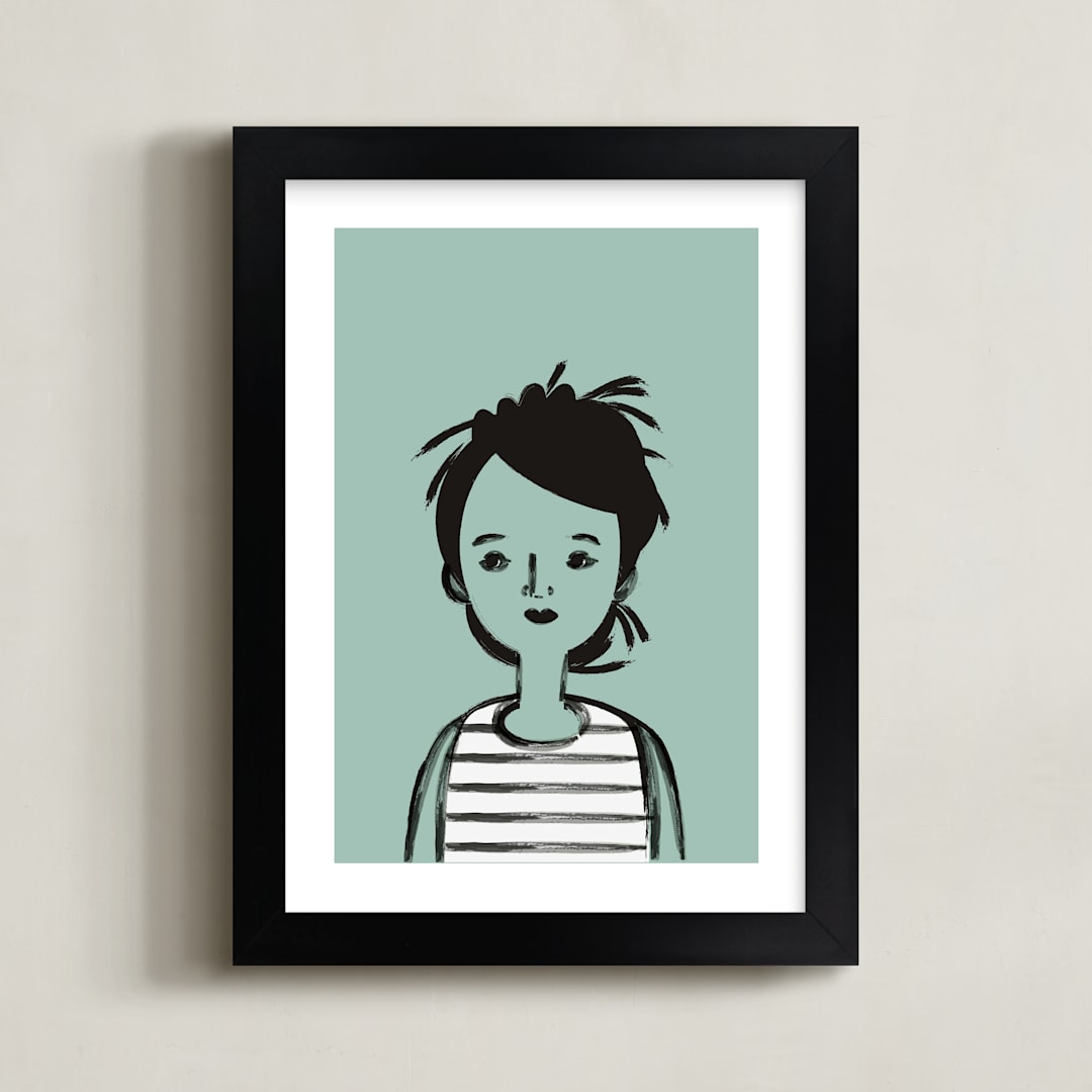 "Girl in Stripes" - Art Print in Blue by Amy Mullen - Framed
