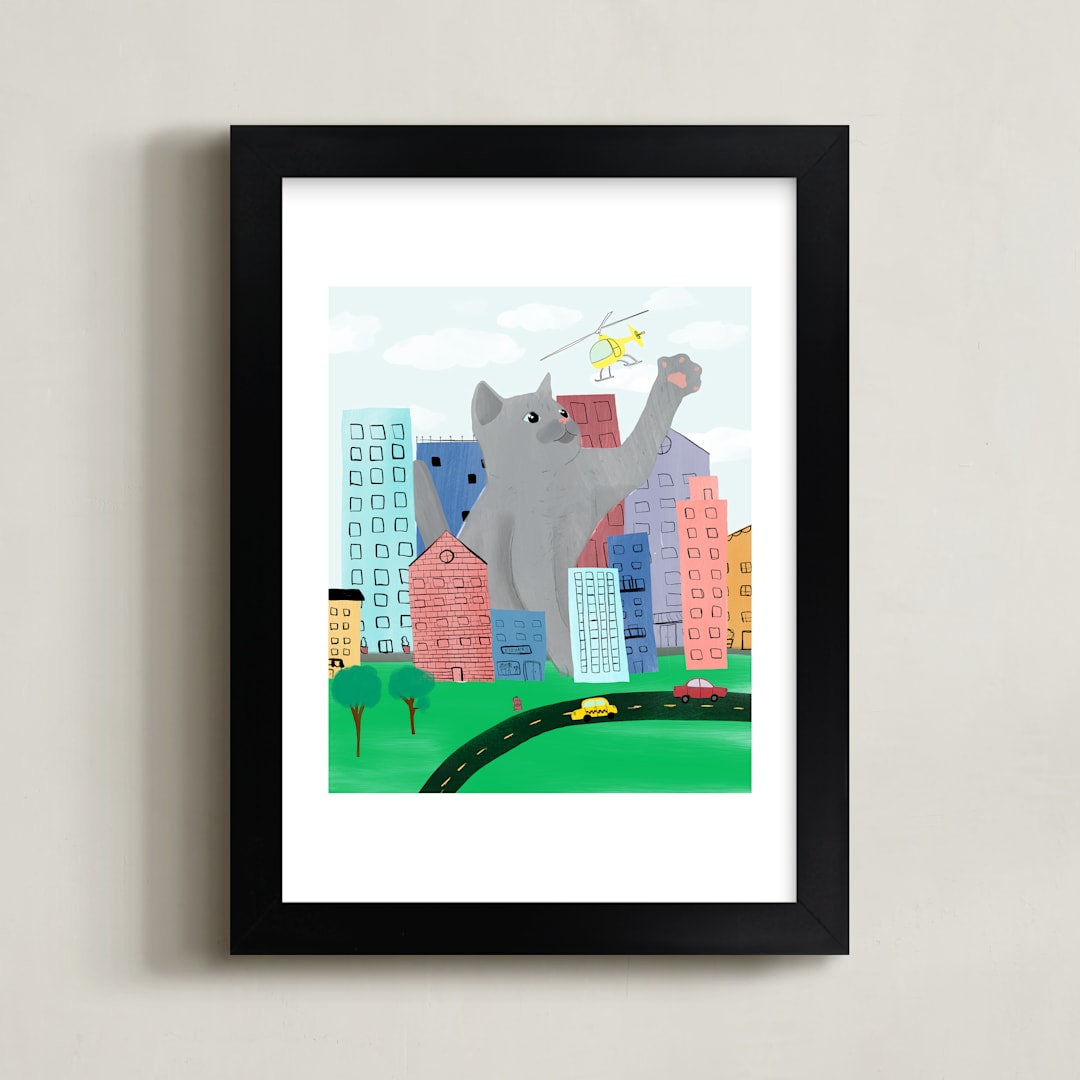 "Ahhhh its a Kitty" - Art Print in White by Megan Zang - Framed