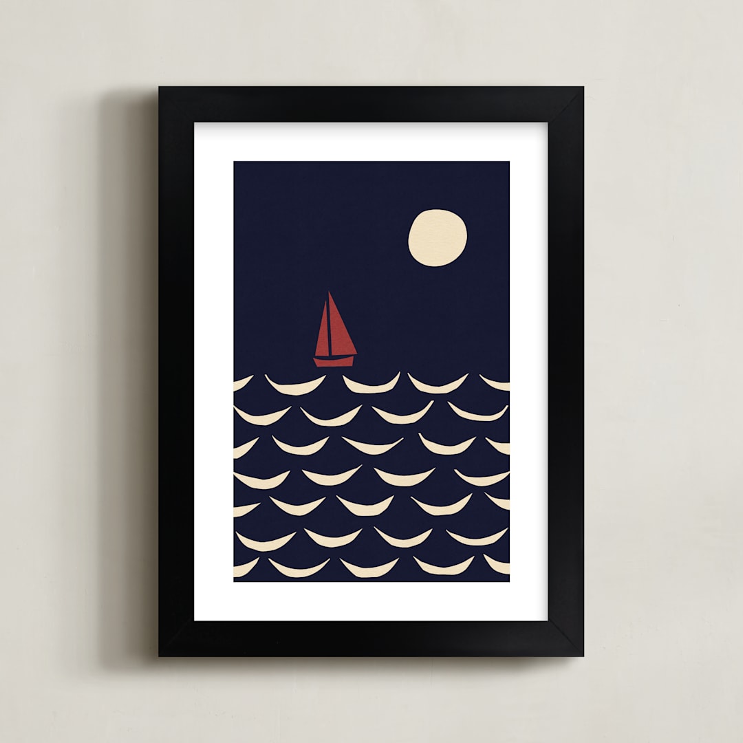 "Little Boat" - Art Print in Night Sea Blue by Alisa Galitsyna - Framed