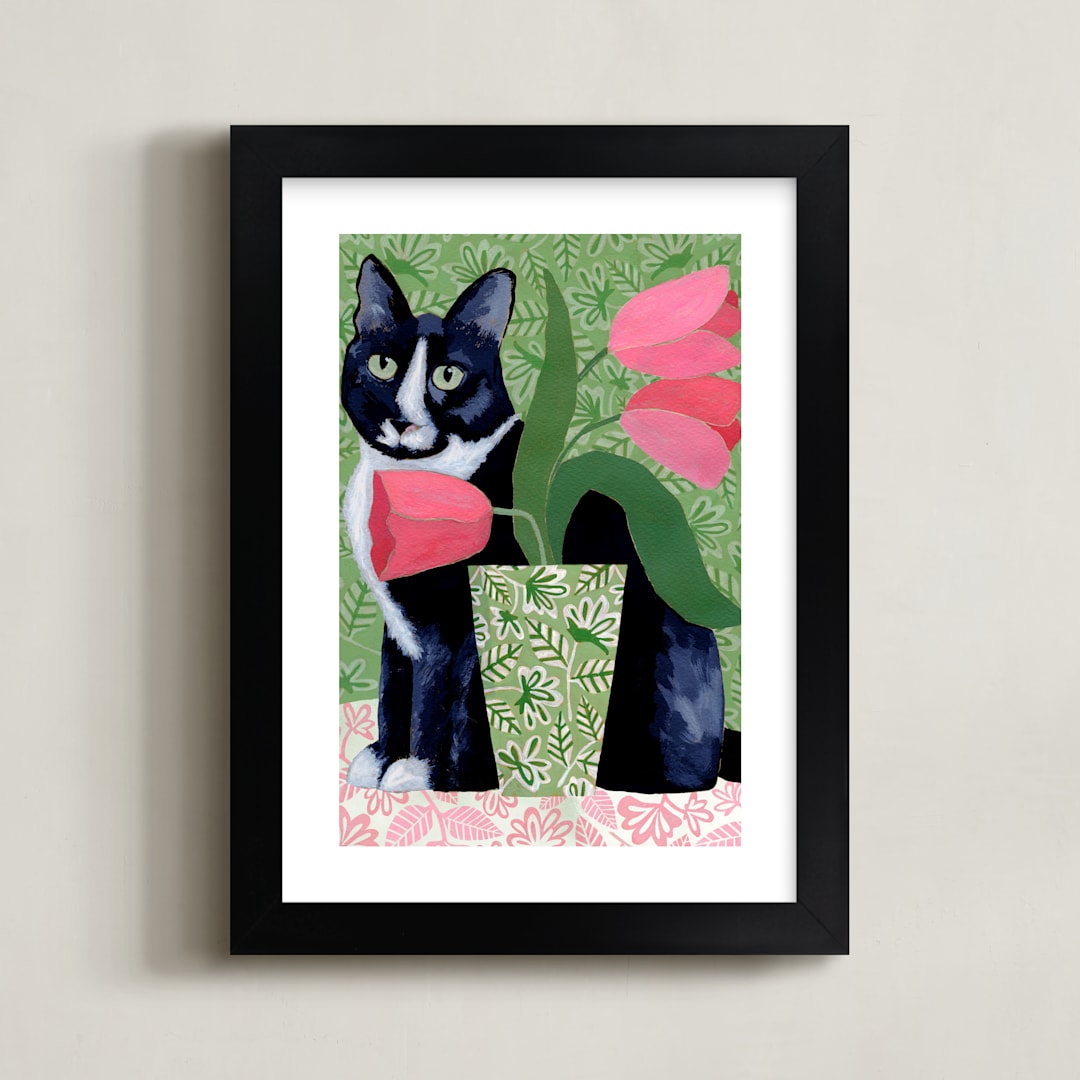 "Tuxedo Cat Barry with Pink Tulips" - Art Print in Dusty Green by Susan Black - Framed