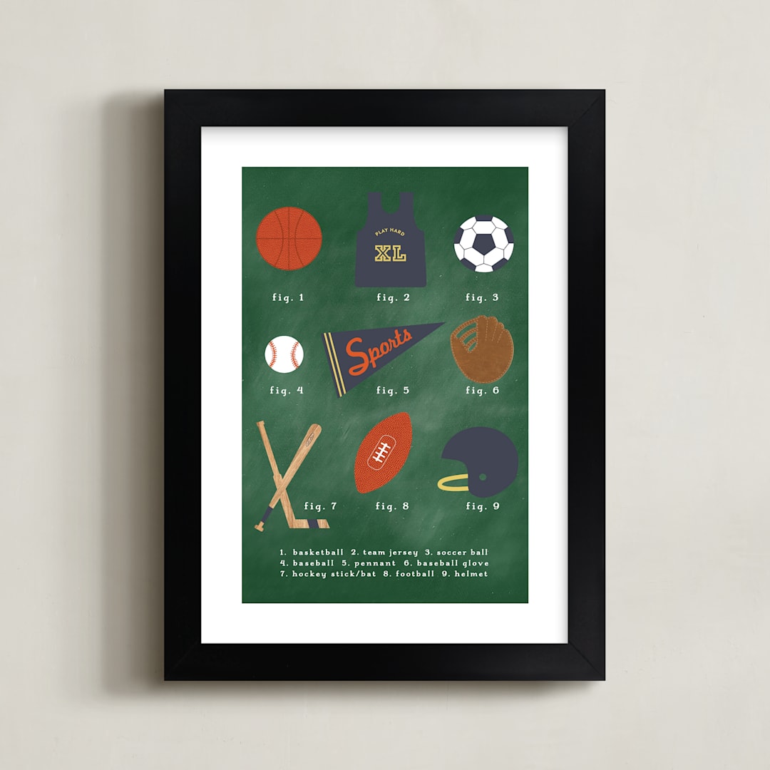 "SPORTS PRIMER" - Art Print in Chalkboard Green by Susan Brown - Framed