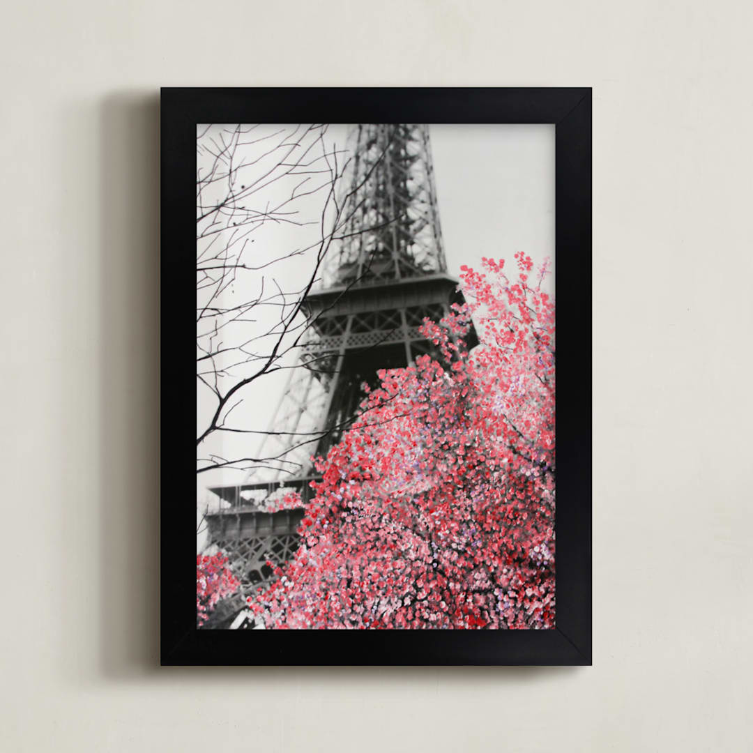 "Paris in Bloom" - Art Print in B&W and Pink by Katrina Leandro - Framed