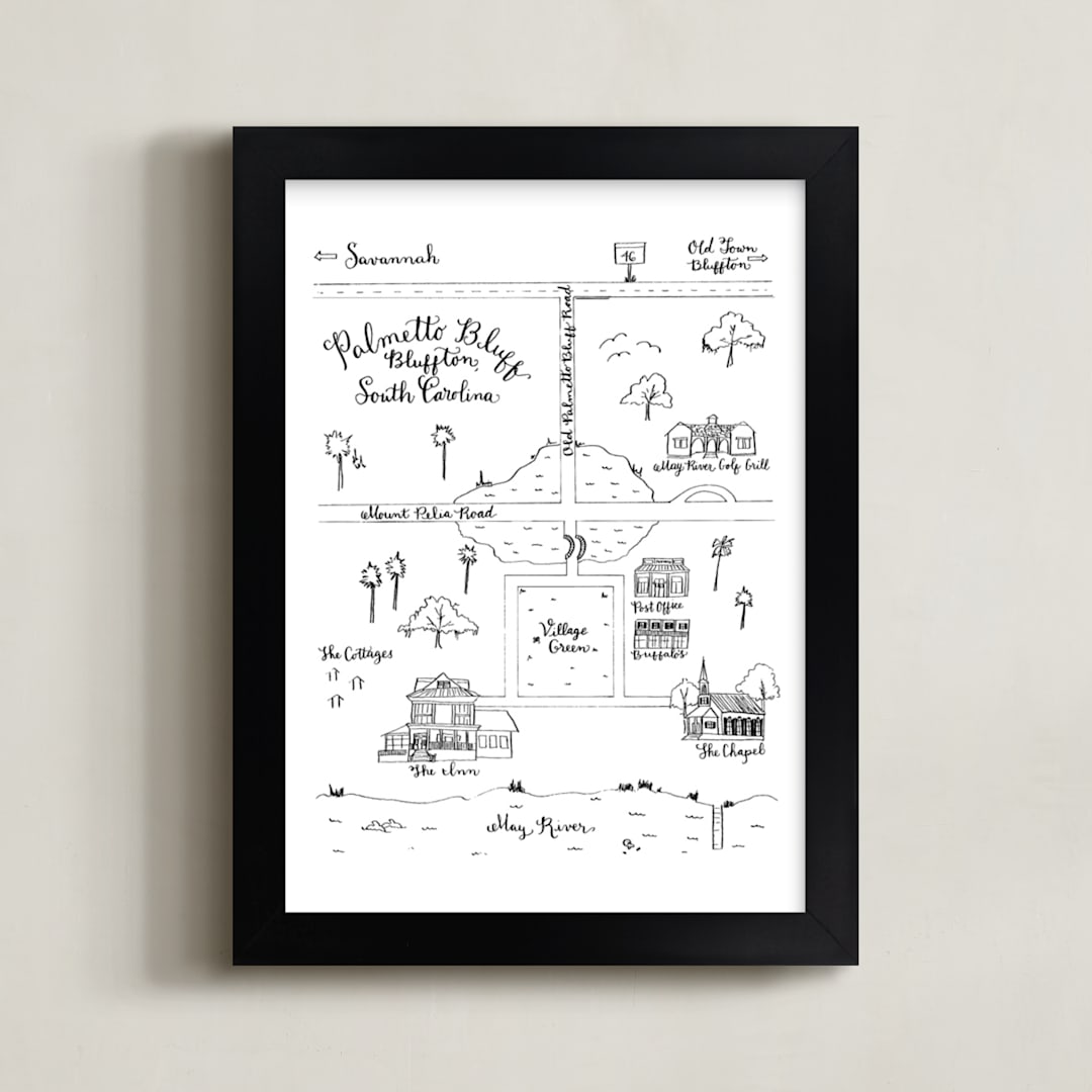 "Palmetto Bluffs Map in Black and White" - Art Print in Black and white by Megan Kelso - Framed
