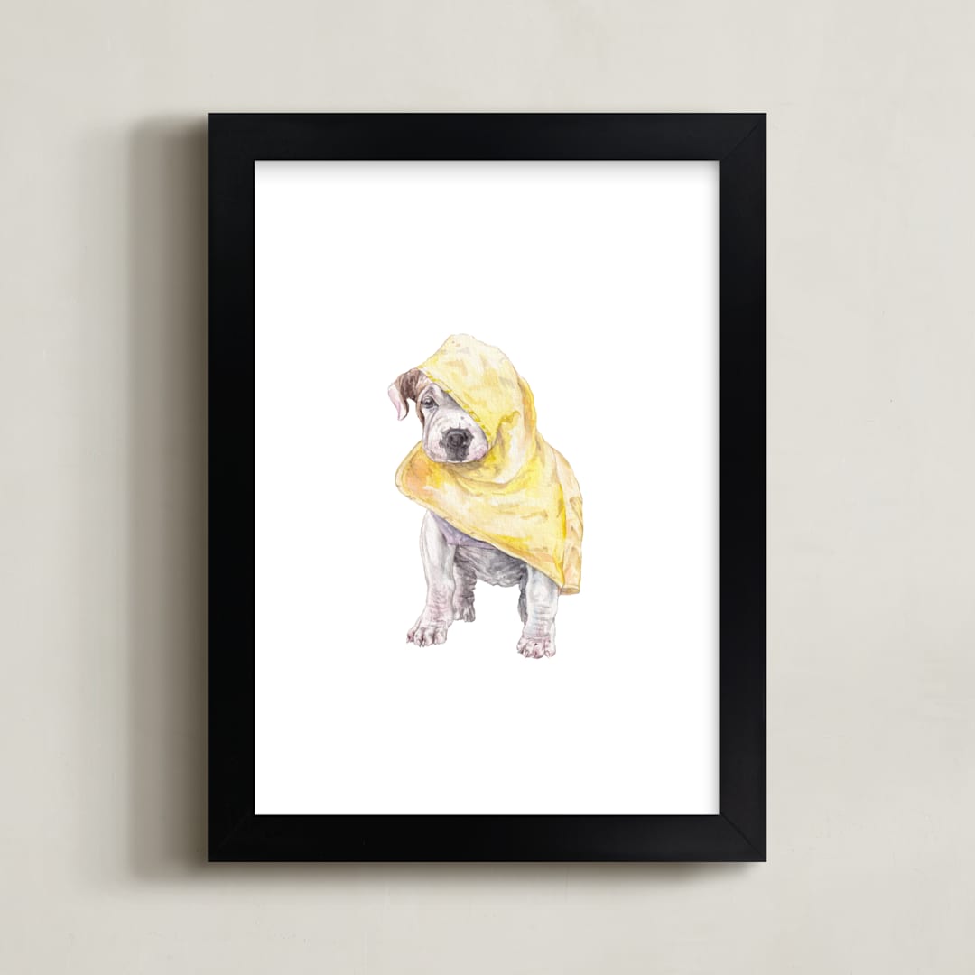 "Rainy Day Pup" - Art Print in Rain Slicker Yellow by Lauren Rogoff - Framed