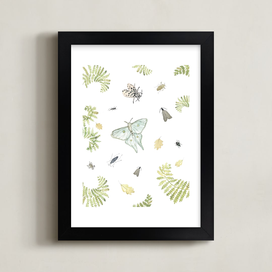 "Woodland Moths and Insects" - Art Print in tranquil blue by Hallie Fischer - Framed