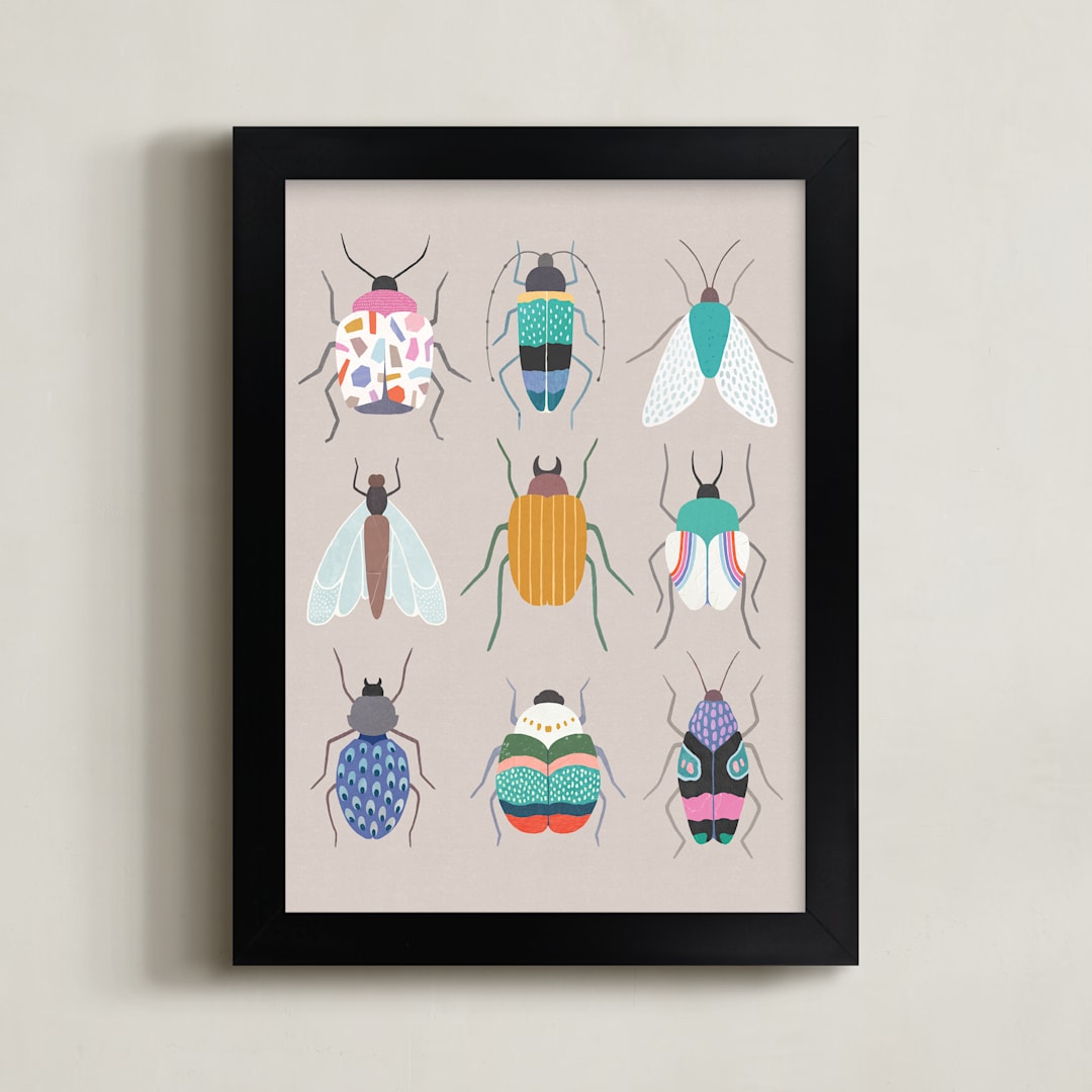 "Colorful Eclectic Insects" - Art Print in Pastel Grey by McKenna Sato - Framed