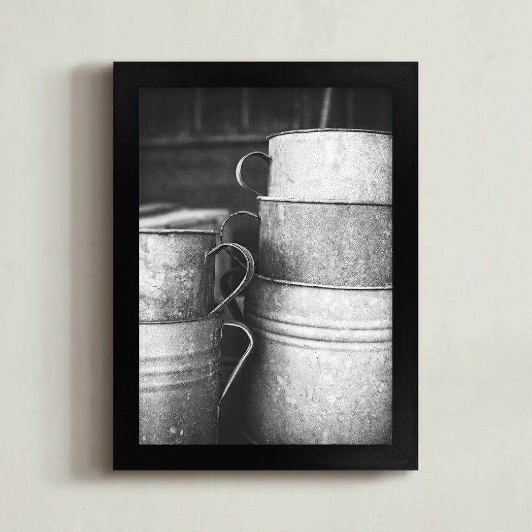 "Old Stacked Metal Bins" - Art Print in grey tones by Alexis Arnold - Framed