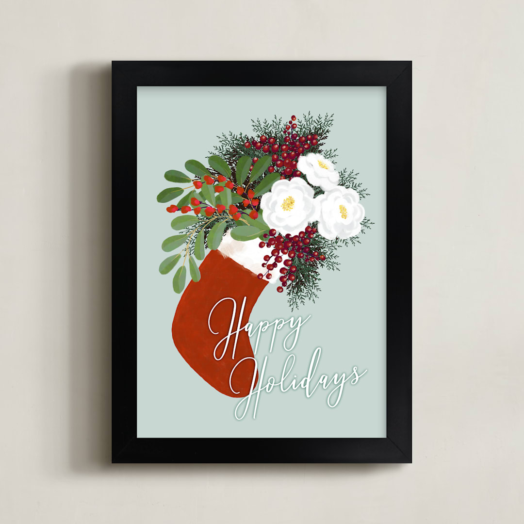 "Floral holiday stocking" - Art Print in Mint by Rosana Laiz Blursbyai - Framed