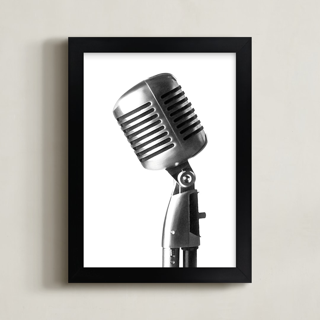 "Retro Microphone" - Art Print in Silver by Laura Hamm - Framed