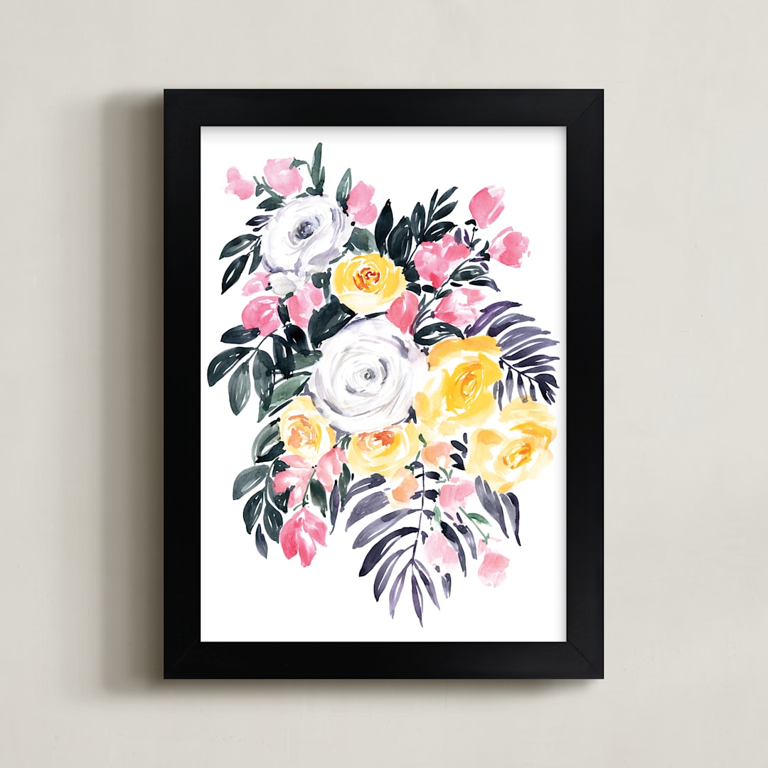 "Harriet watercolor bouquet" - Art Print in Tropical pink and yellow by Rosana Laiz Blursbyai - Framed