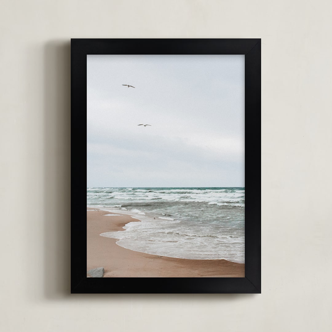 "White wave and bird" - Art Print in turquoise brown by Lying on the grass - Framed