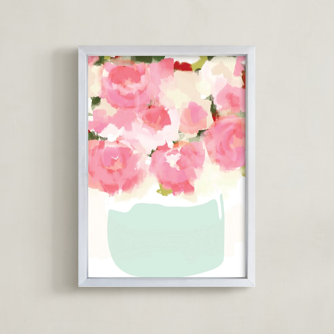 "Peonies in Vase" - Art Print in Strawberry by kelli hall - Framed