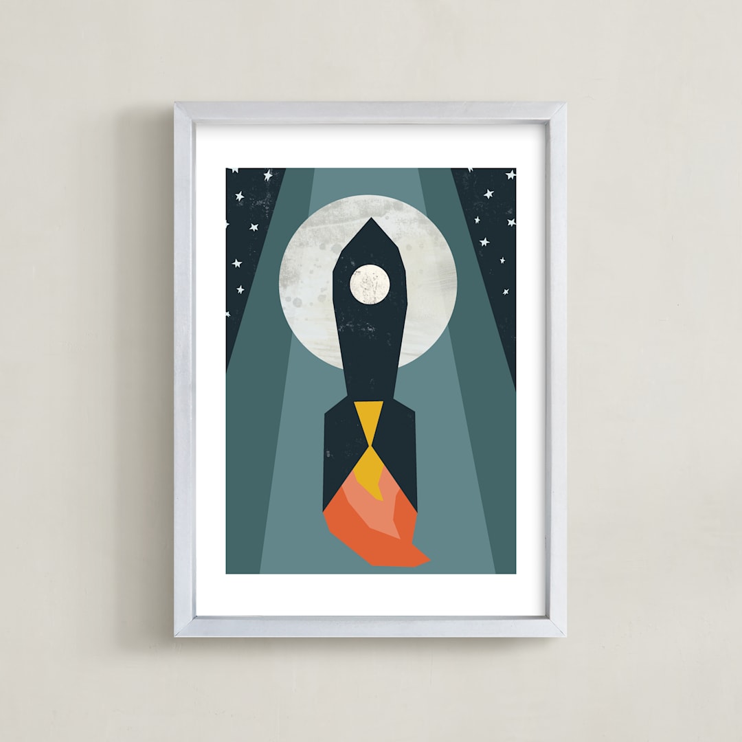 "Rocket to the Moon" - Art Print in Midnight Blue by Morgan Kendall - Framed