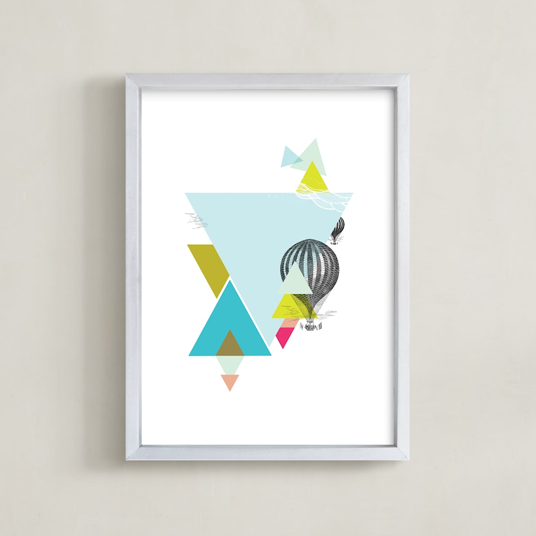 "Hot-Air Balloon Geo" - Art Print in Dusty Blue by Lady Noble - Framed