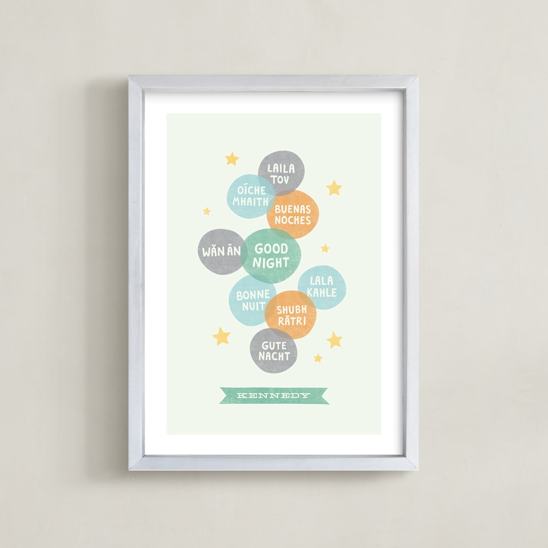 "Good Night World" - Personalized Art Print in Mint by Olivia Raufman - Framed