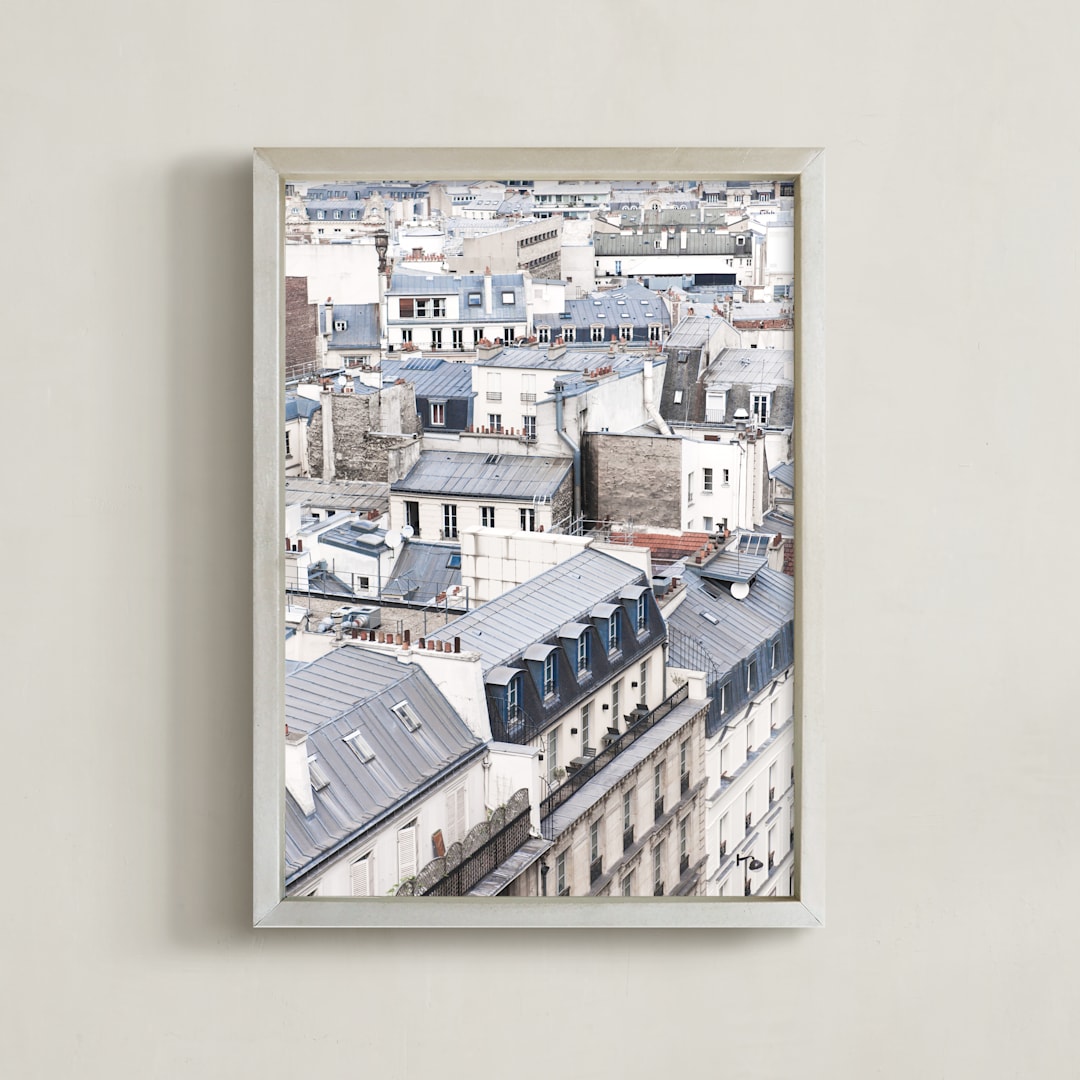 "Dancing Rooftops" - Art Print in Blue by Anna Argiropoulos - Framed