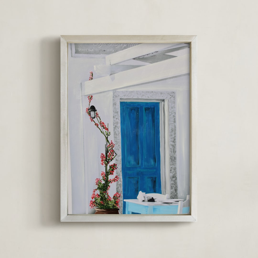 "Santorini Cafe" - Art Print in Blue & White by Katrina Leandro - Framed