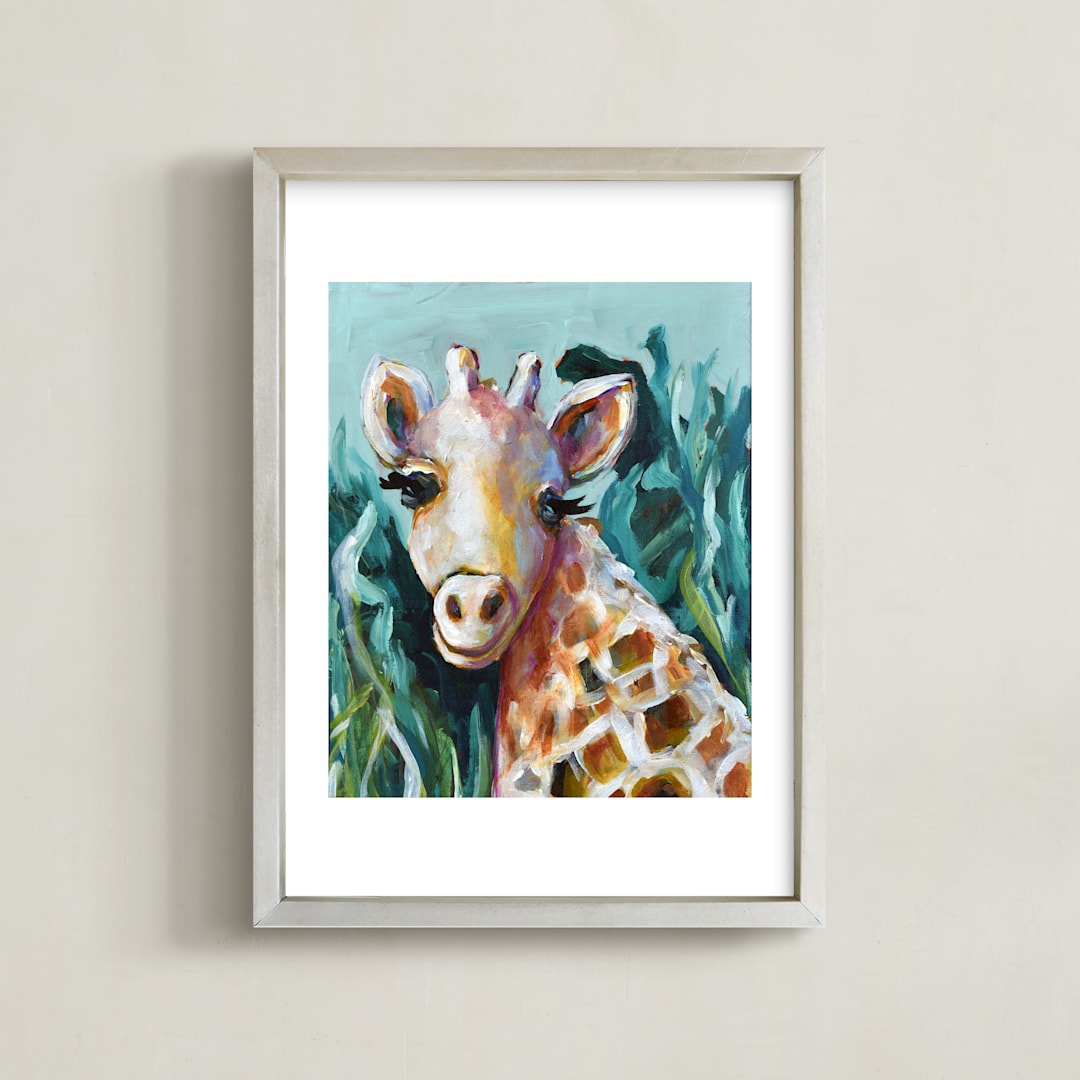 "Raffie the Giraffe" - Art Print in Sky Blue by Lauren Rutley - Framed