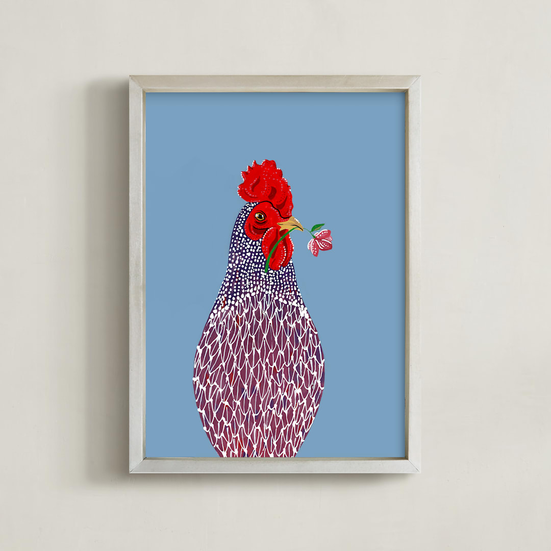 "Chicken Loves Flower" - Art Print in sky blue by Stick and Petal - Framed